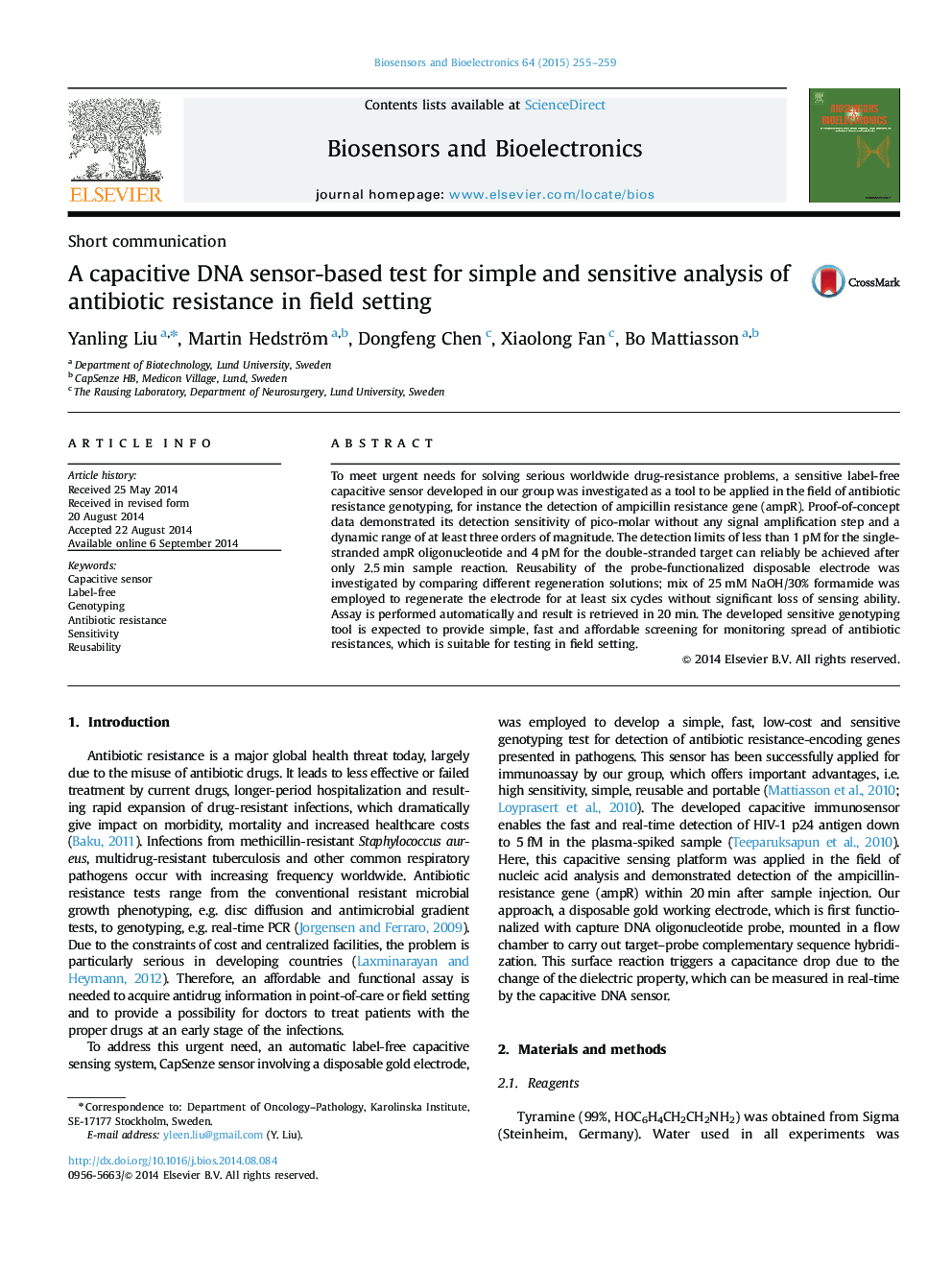 A capacitive DNA sensor-based test for simple and sensitive analysis of antibiotic resistance in field setting