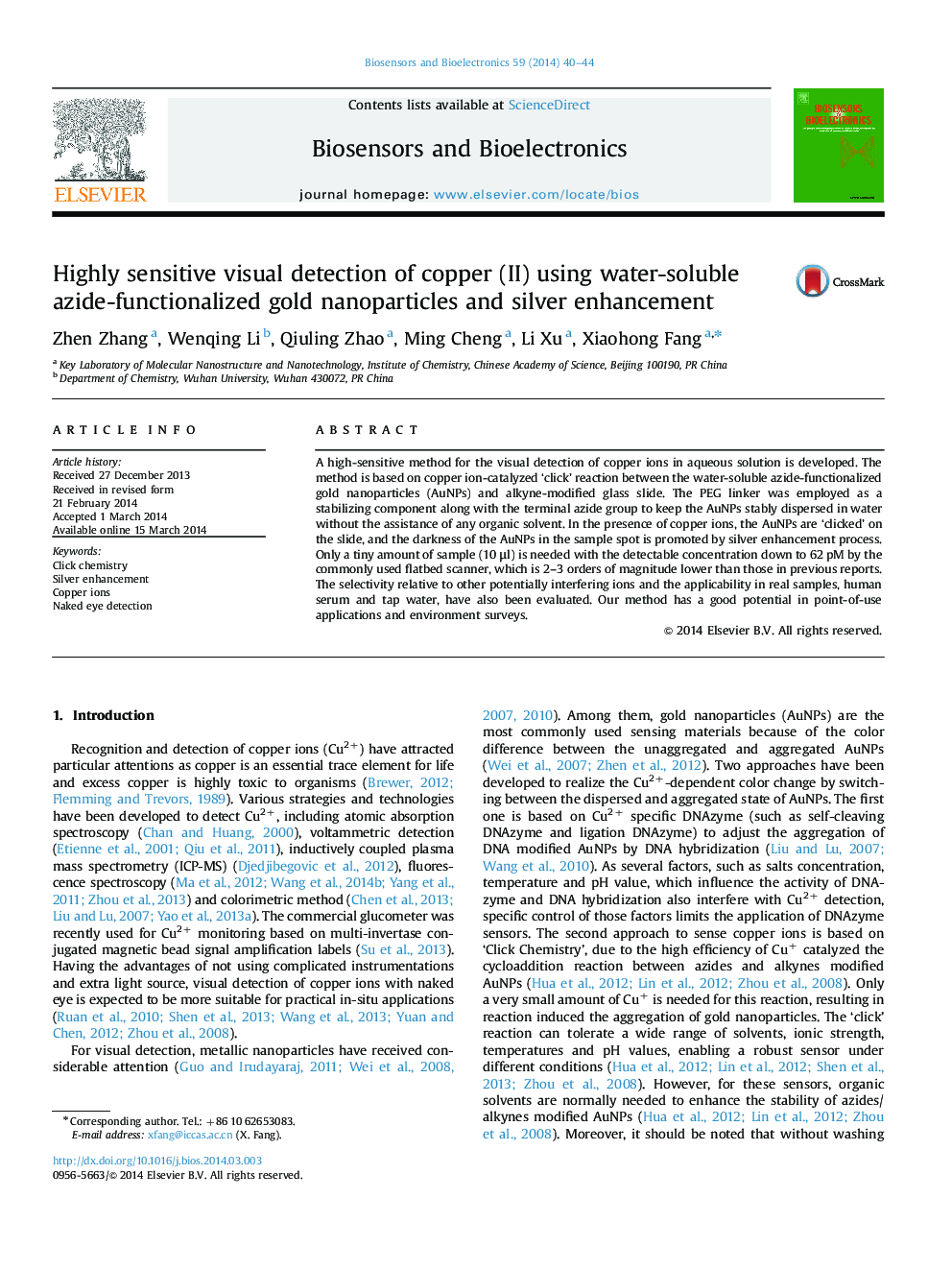 Highly sensitive visual detection of copper (II) using water-soluble azide-functionalized gold nanoparticles and silver enhancement