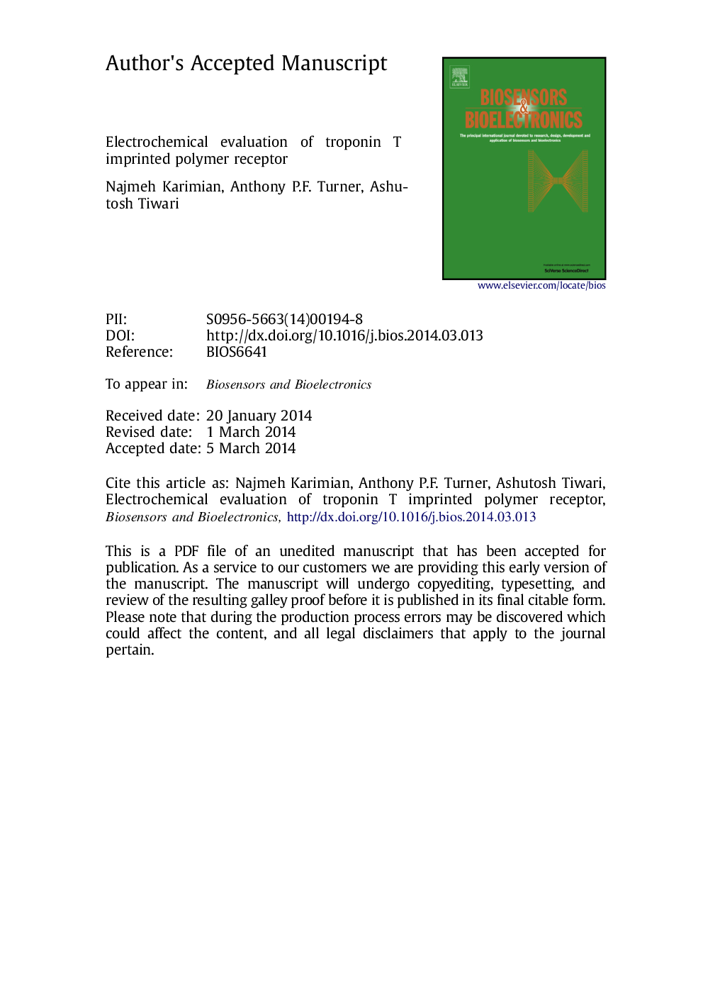 Electrochemical evaluation of troponin T imprinted polymer receptor