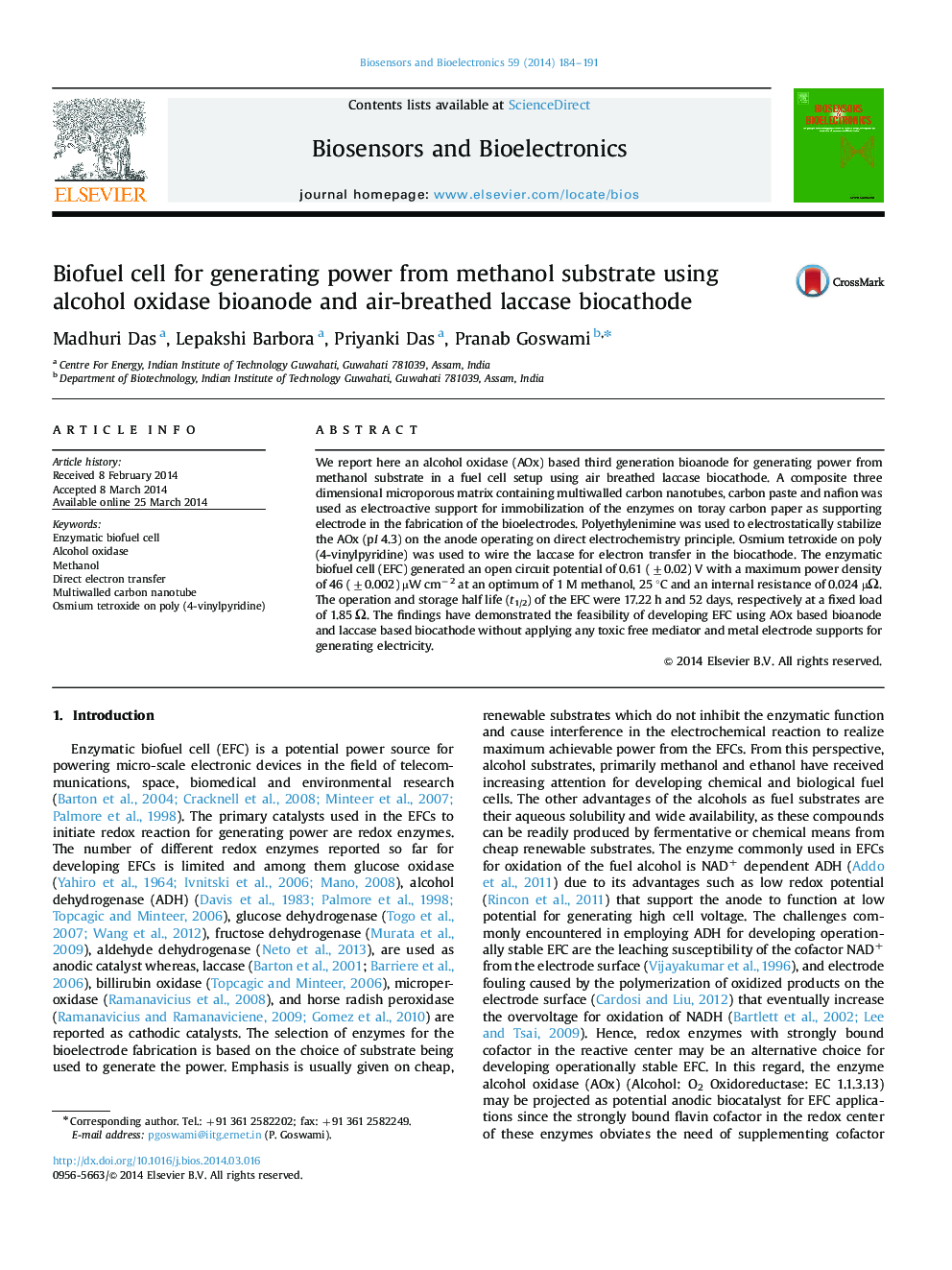 Biofuel cell for generating power from methanol substrate using alcohol oxidase bioanode and air-breathed laccase biocathode