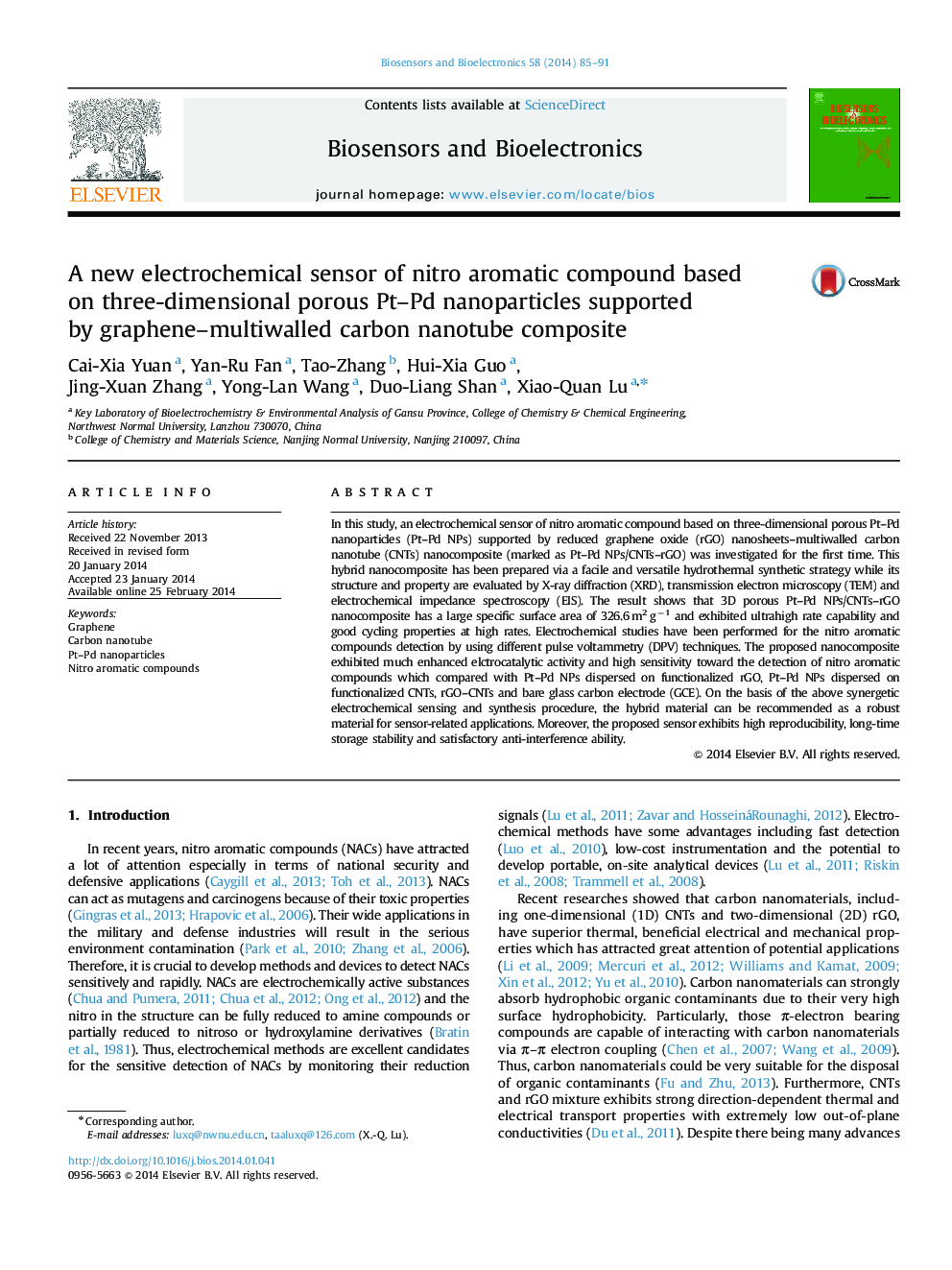 A new electrochemical sensor of nitro aromatic compound based on three-dimensional porous Pt-Pd nanoparticles supported by graphene-multiwalled carbon nanotube composite