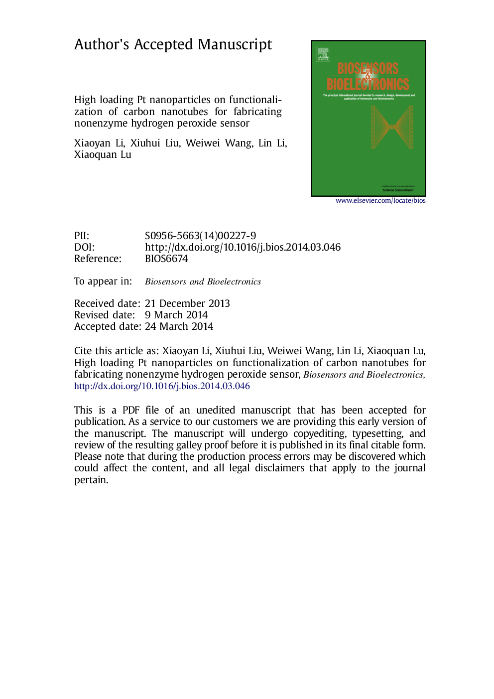 High loading Pt nanoparticles on functionalization of carbon nanotubes for fabricating nonenzyme hydrogen peroxide sensor