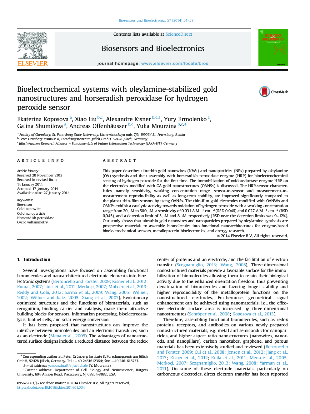 Bioelectrochemical systems with oleylamine-stabilized gold nanostructures and horseradish peroxidase for hydrogen peroxide sensor