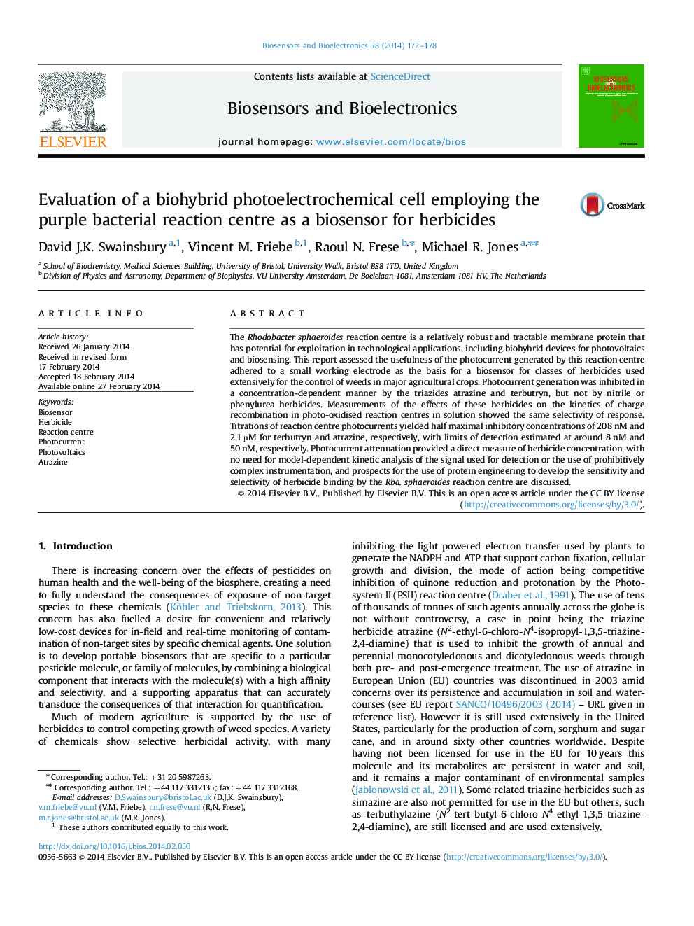 Evaluation of a biohybrid photoelectrochemical cell employing the purple bacterial reaction centre as a biosensor for herbicides