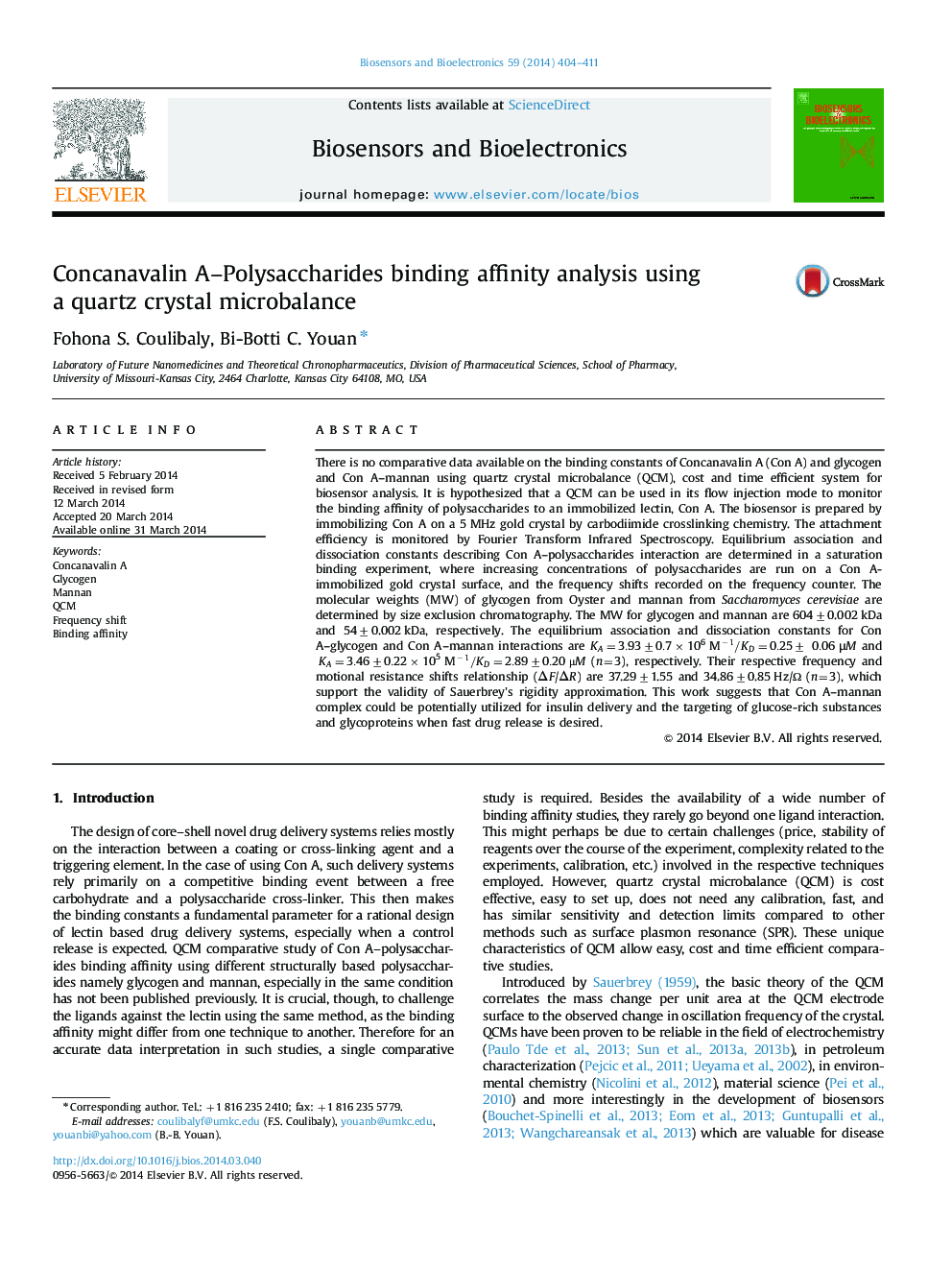 Concanavalin A-Polysaccharides binding affinity analysis using a quartz crystal microbalance