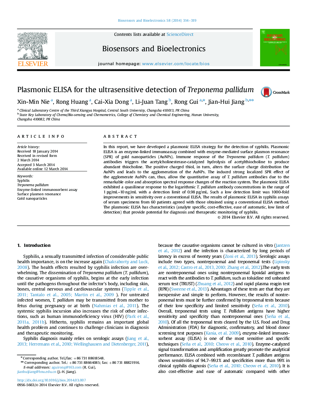 Plasmonic ELISA for the ultrasensitive detection of Treponema pallidum