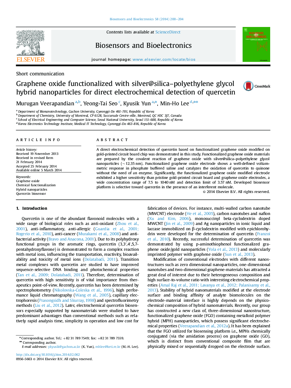 Graphene oxide functionalized with silver@silica-polyethylene glycol hybrid nanoparticles for direct electrochemical detection of quercetin