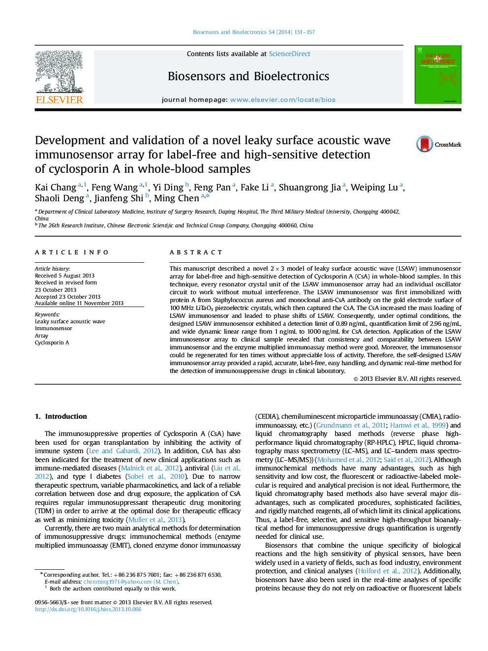 Development and validation of a novel leaky surface acoustic wave immunosensor array for label-free and high-sensitive detection of cyclosporin A in whole-blood samples