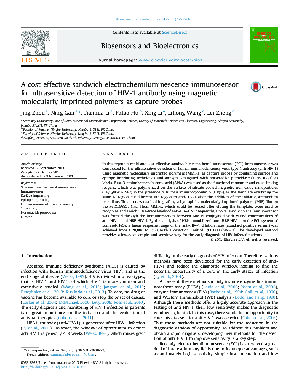 A cost-effective sandwich electrochemiluminescence immunosensor for ultrasensitive detection of HIV-1 antibody using magnetic molecularly imprinted polymers as capture probes