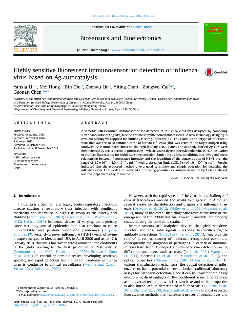 Highly sensitive fluorescent immunosensor for detection of influenza virus based on Ag autocatalysis