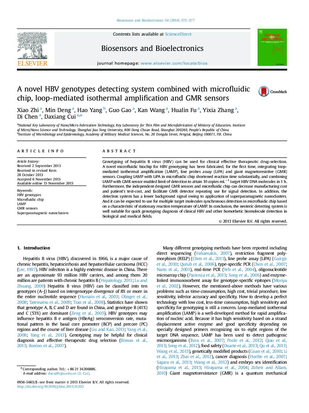 A novel HBV genotypes detecting system combined with microfluidic chip, loop-mediated isothermal amplification and GMR sensors