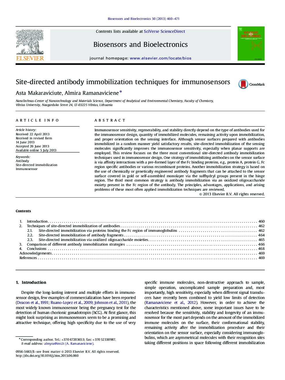 Site-directed antibody immobilization techniques for immunosensors