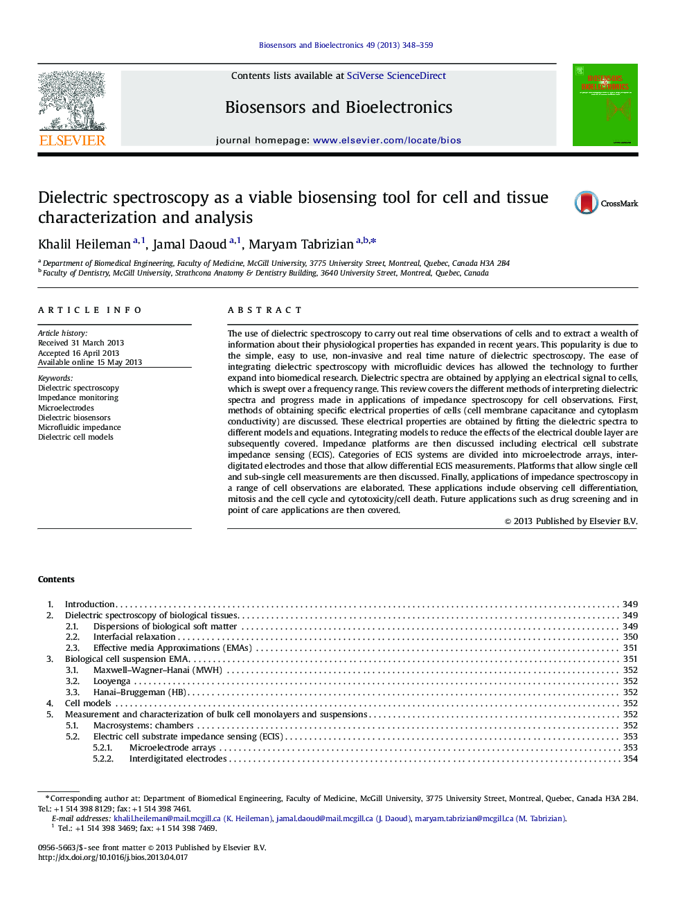 Dielectric spectroscopy as a viable biosensing tool for cell and tissue characterization and analysis