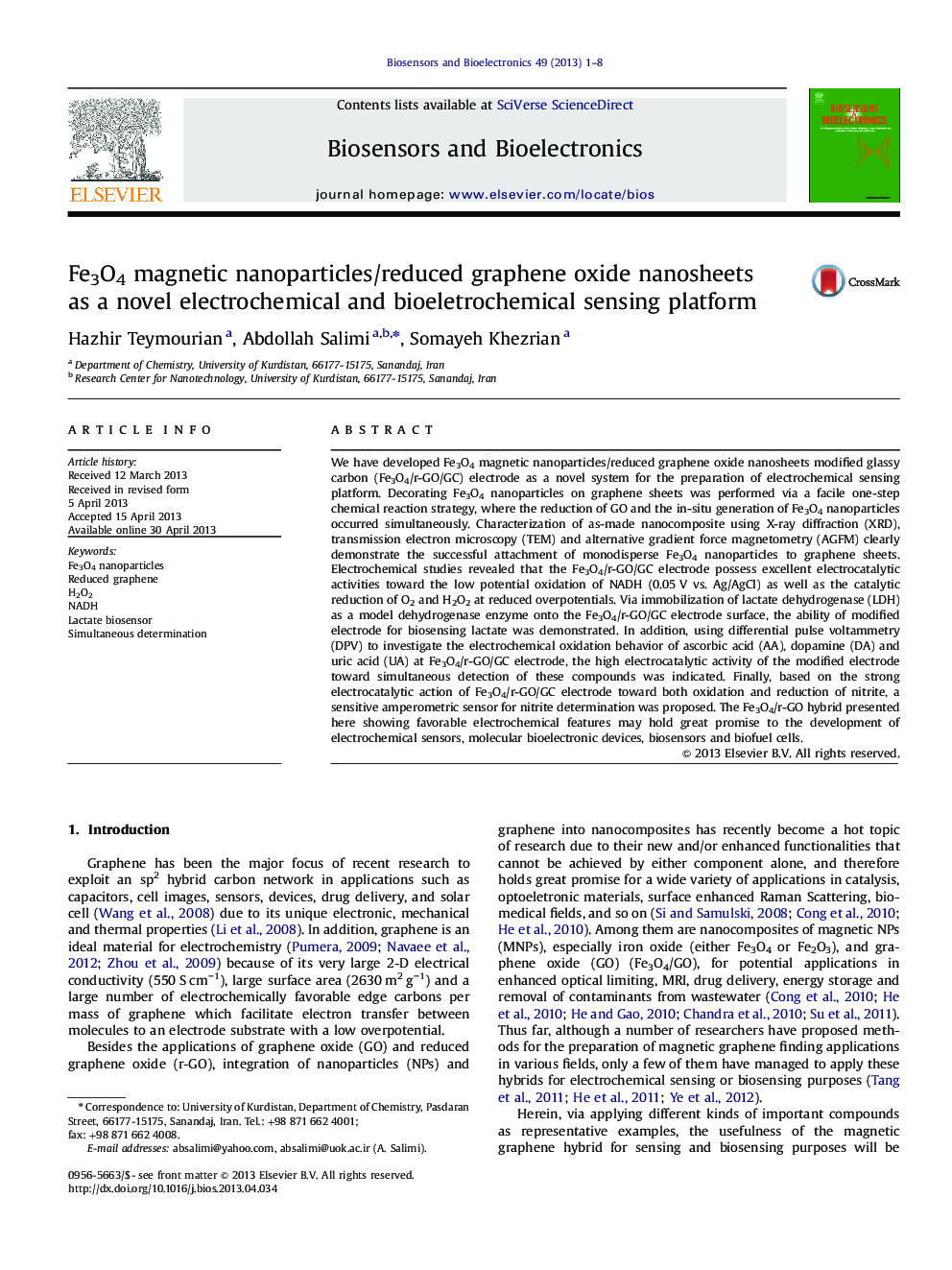 Fe3O4 magnetic nanoparticles/reduced graphene oxide nanosheets as a novel electrochemical and bioeletrochemical sensing platform