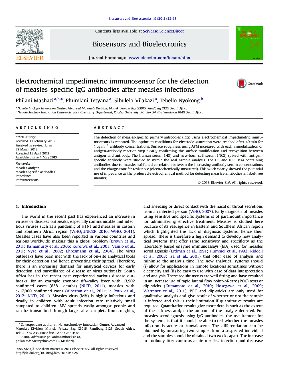 Electrochemical impedimetric immunosensor for the detection of measles-specific IgG antibodies after measles infections