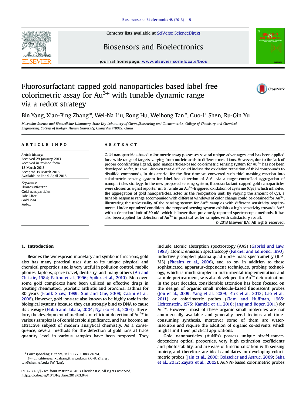 Fluorosurfactant-capped gold nanoparticles-based label-free colorimetric assay for Au3+ with tunable dynamic range via a redox strategy