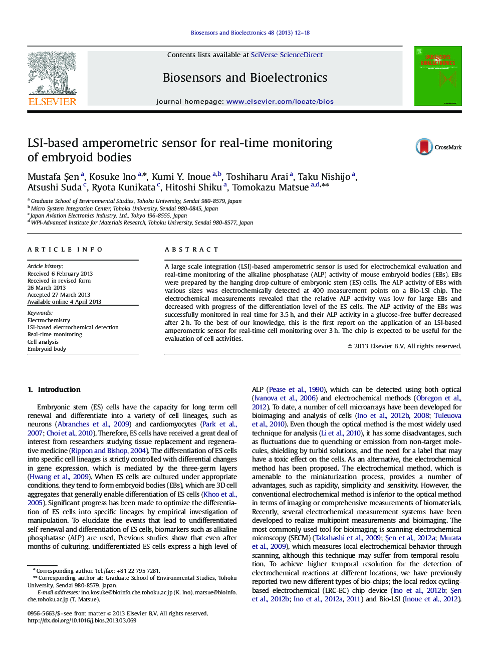 LSI-based amperometric sensor for real-time monitoring of embryoid bodies