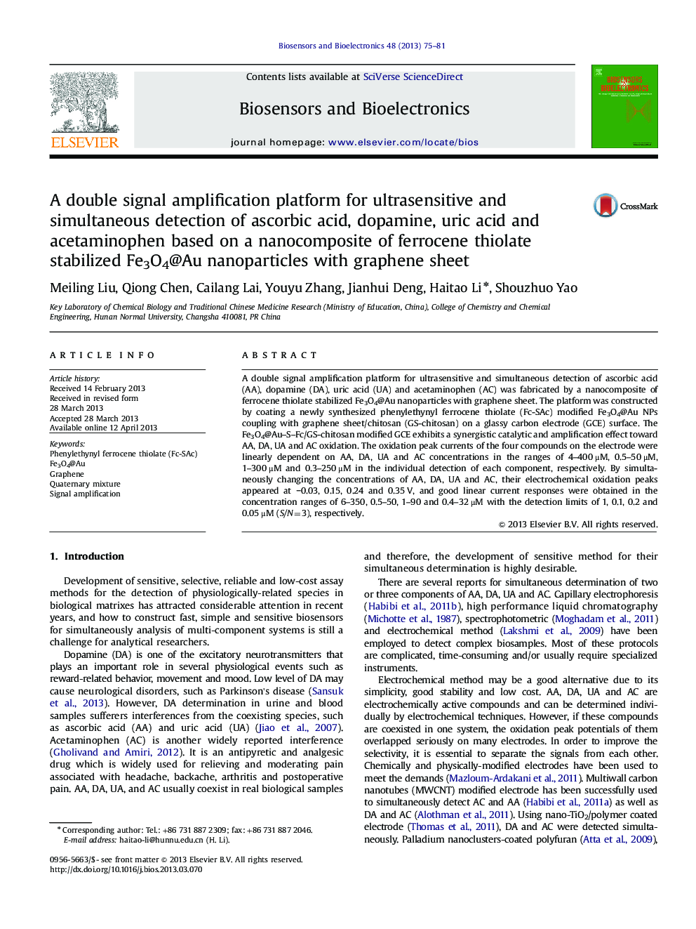 A double signal amplification platform for ultrasensitive and simultaneous detection of ascorbic acid, dopamine, uric acid and acetaminophen based on a nanocomposite of ferrocene thiolate stabilized Fe3O4@Au nanoparticles with graphene sheet