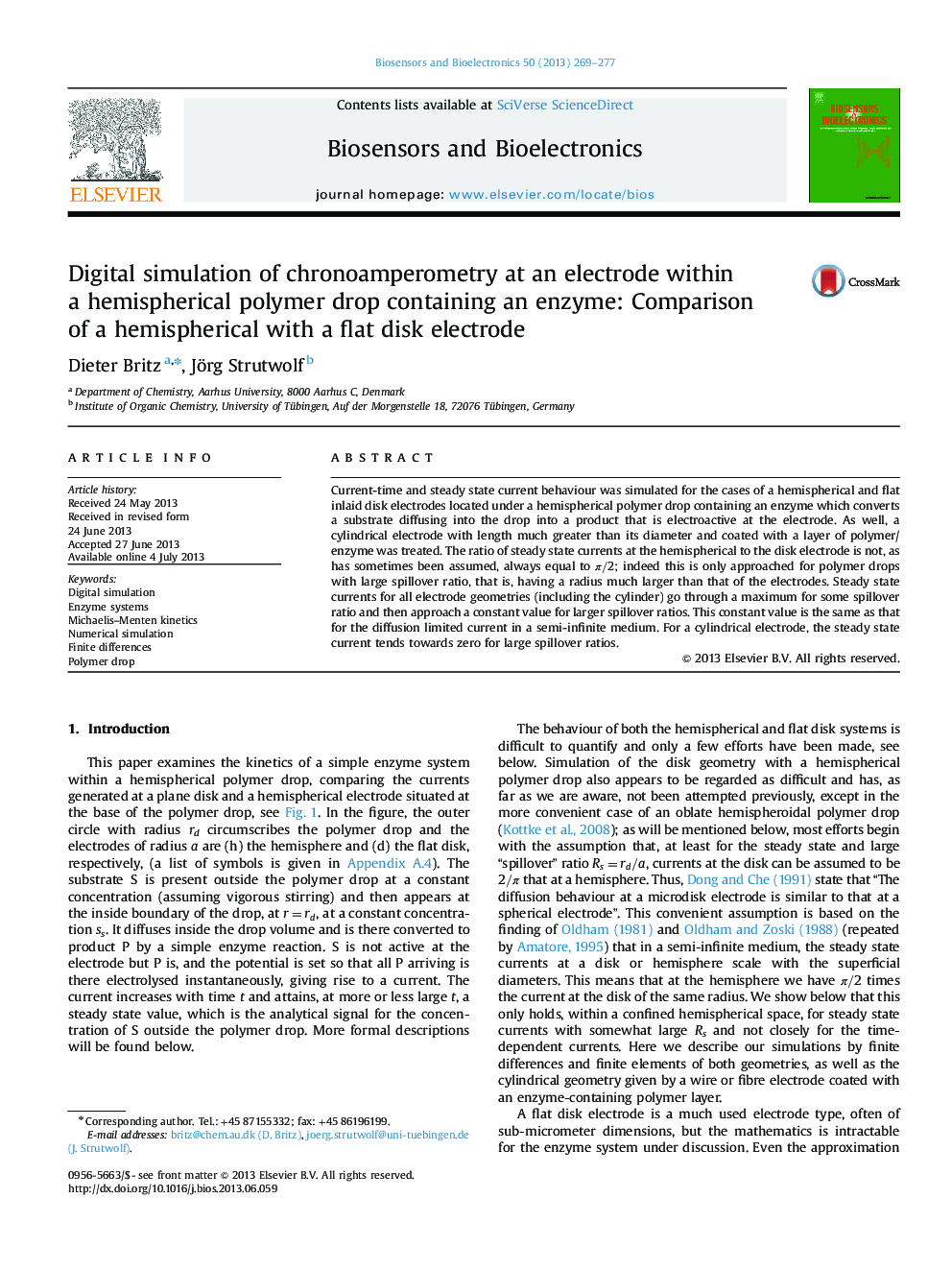 Digital simulation of chronoamperometry at an electrode within a hemispherical polymer drop containing an enzyme: Comparison of a hemispherical with a flat disk electrode