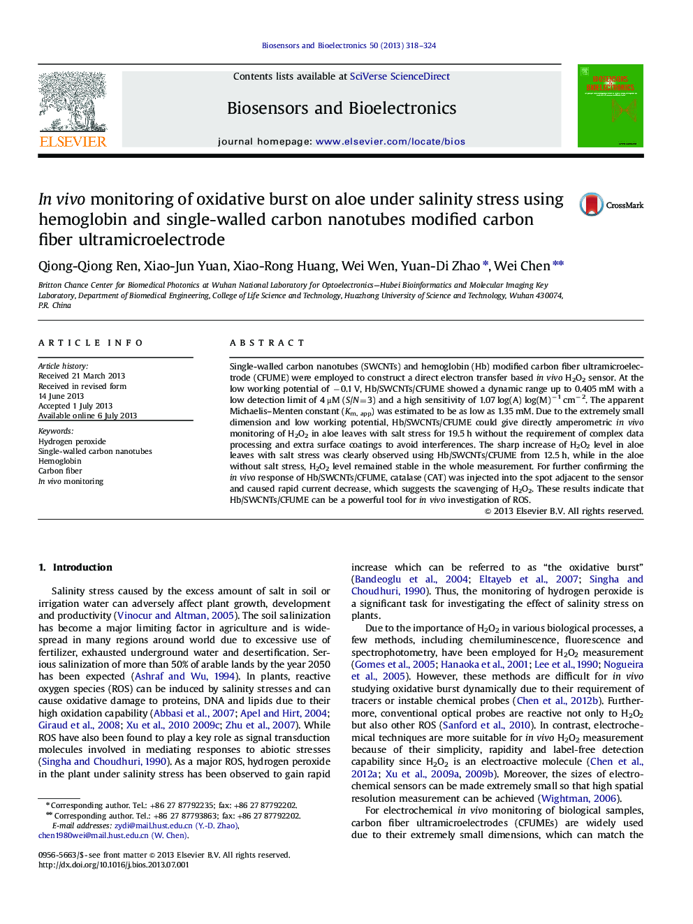 In vivo monitoring of oxidative burst on aloe under salinity stress using hemoglobin and single-walled carbon nanotubes modified carbon fiber ultramicroelectrode