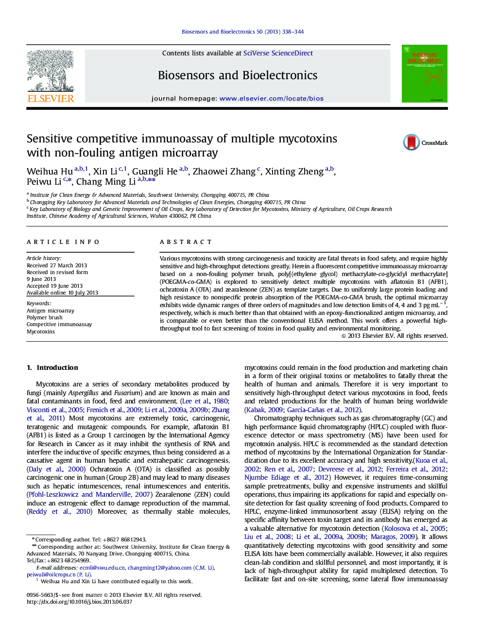 Sensitive competitive immunoassay of multiple mycotoxins with non-fouling antigen microarray