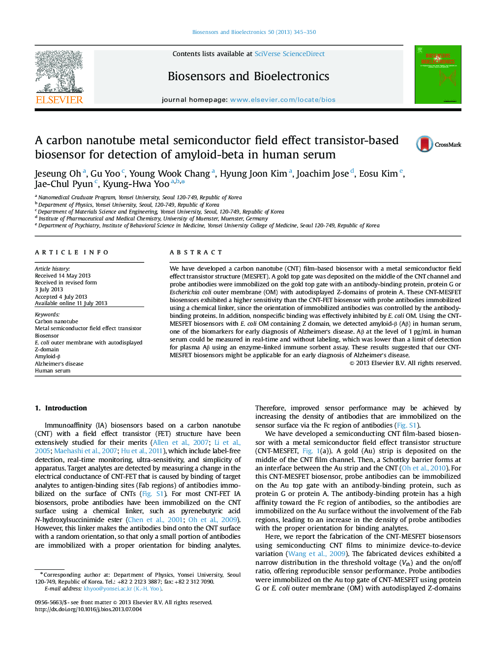 A carbon nanotube metal semiconductor field effect transistor-based biosensor for detection of amyloid-beta in human serum