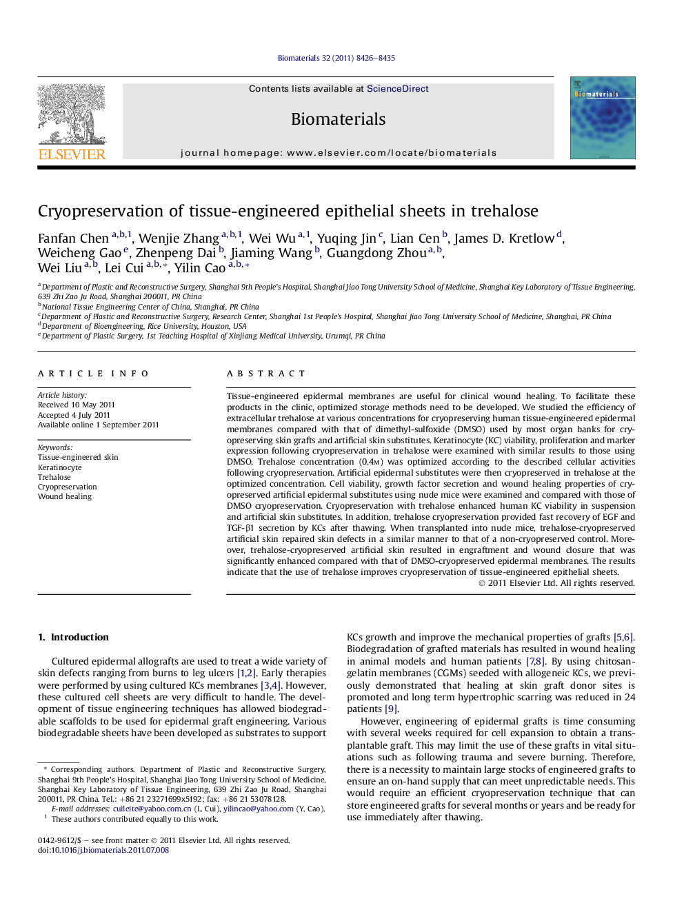 Cryopreservation of tissue-engineered epithelial sheets in trehalose