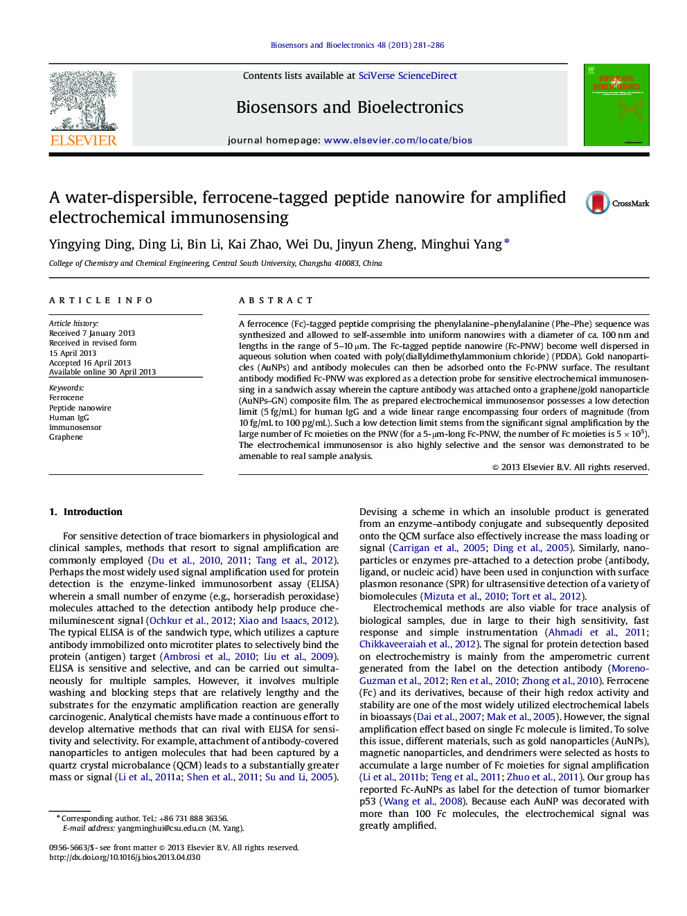 A water-dispersible, ferrocene-tagged peptide nanowire for amplified electrochemical immunosensing