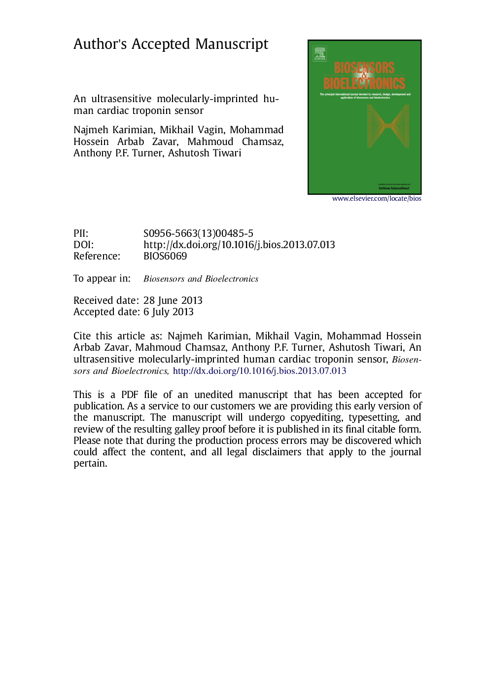 An ultrasensitive molecularly-imprinted human cardiac troponin sensor