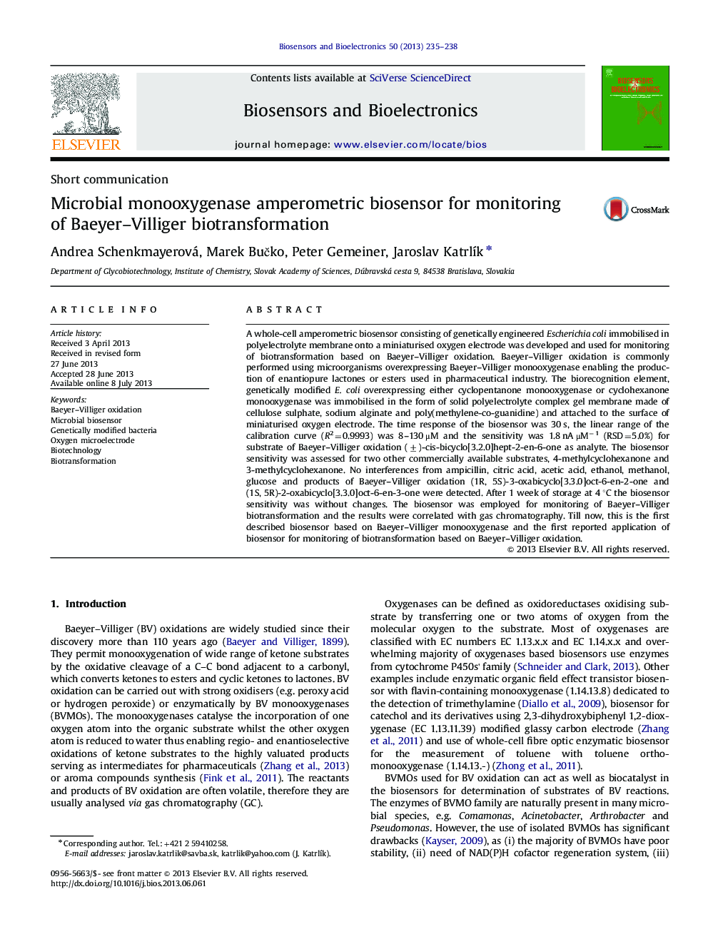 Microbial monooxygenase amperometric biosensor for monitoring of Baeyer-Villiger biotransformation