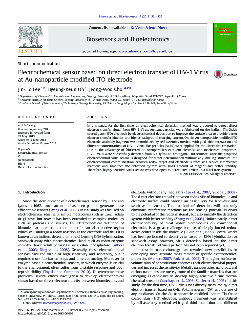 Electrochemical sensor based on direct electron transfer of HIV-1 Virus at Au nanoparticle modified ITO electrode