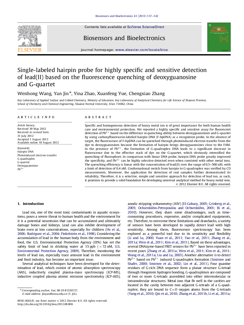 Single-labeled hairpin probe for highly specific and sensitive detection of lead(II) based on the fluorescence quenching of deoxyguanosine and G-quartet