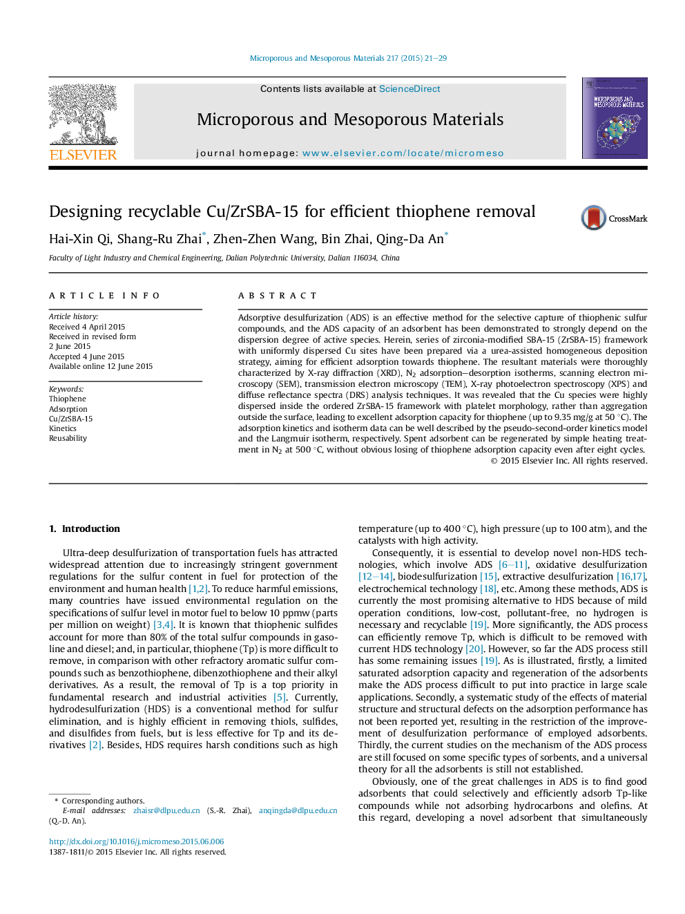 Designing recyclable Cu/ZrSBA-15 for efficient thiophene removal