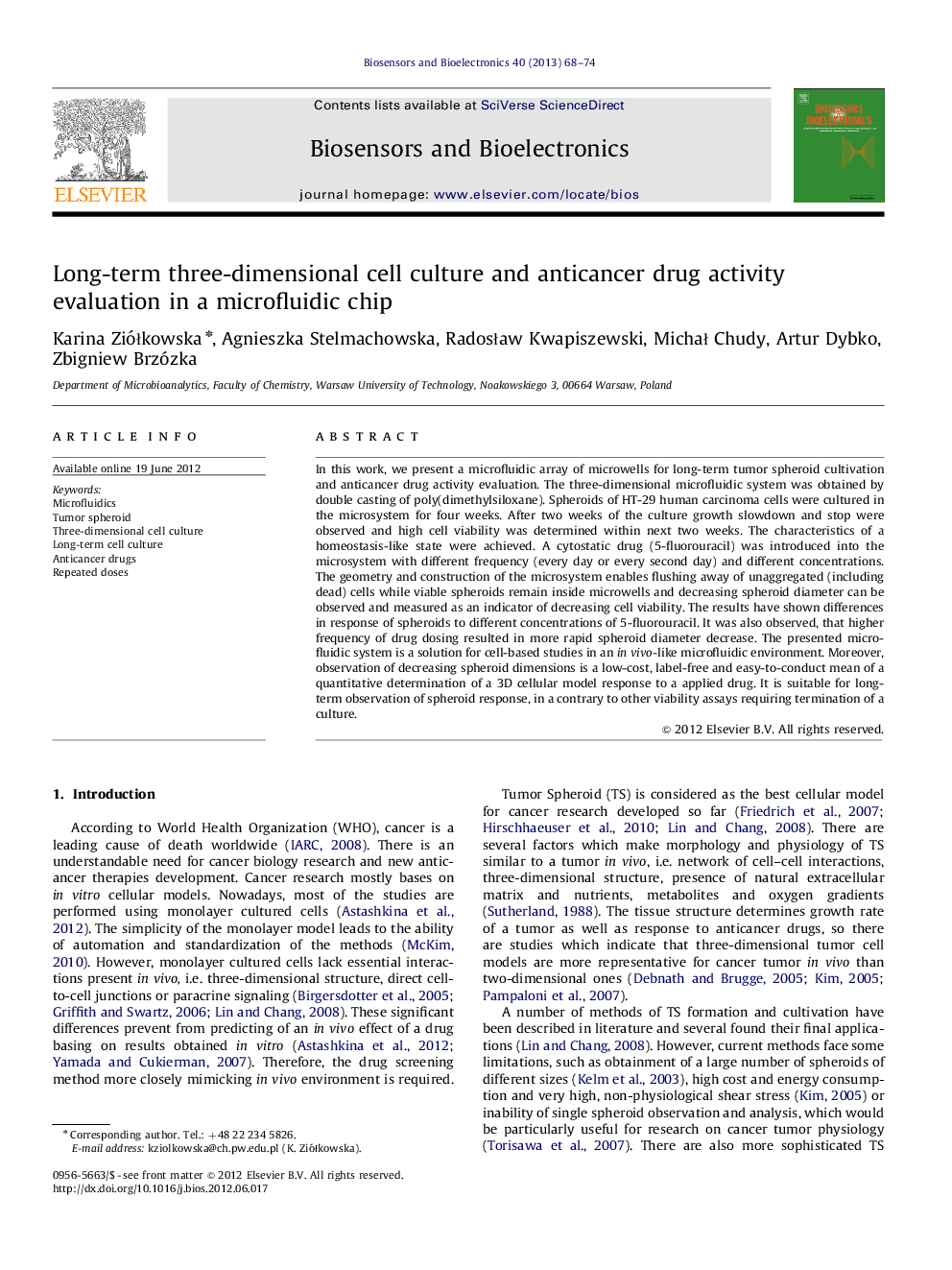 Long-term three-dimensional cell culture and anticancer drug activity evaluation in a microfluidic chip