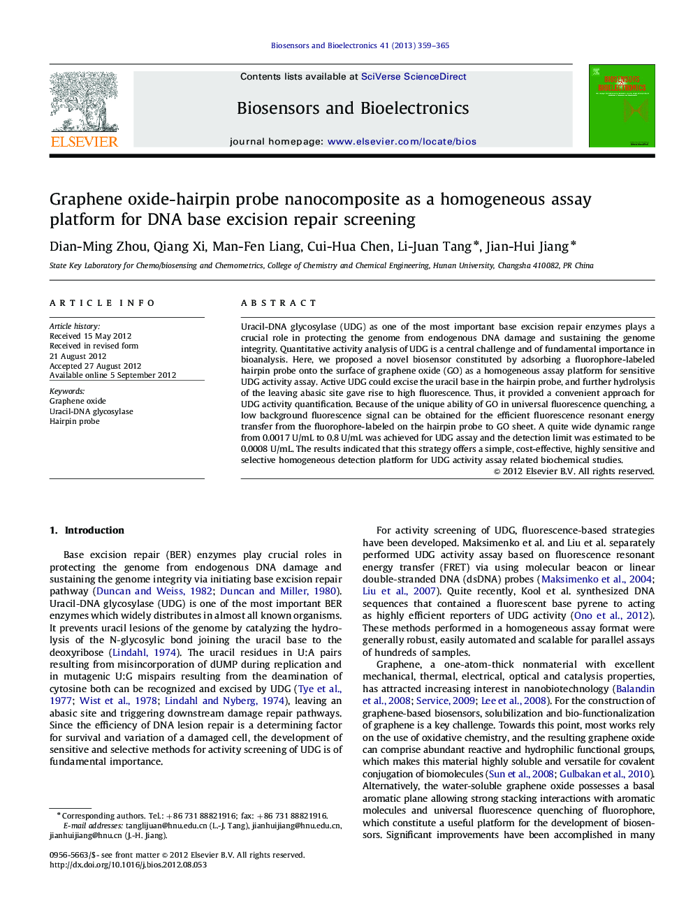 Graphene oxide-hairpin probe nanocomposite as a homogeneous assay platform for DNA base excision repair screening