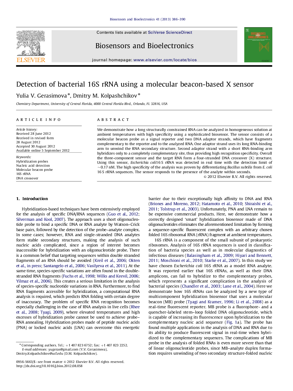 Detection of bacterial 16S rRNA using a molecular beacon-based X sensor