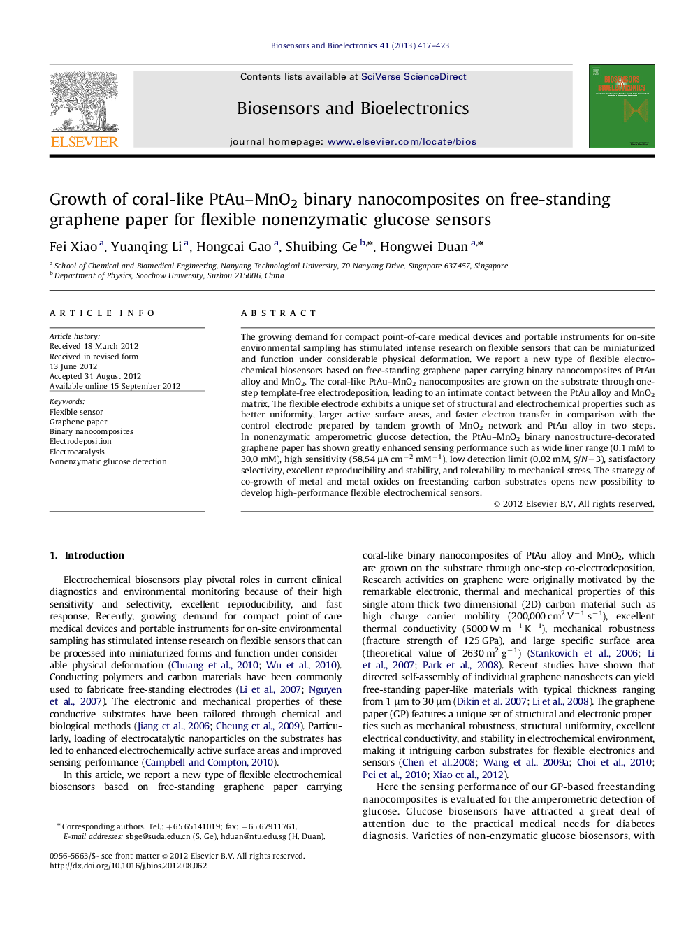 Growth of coral-like PtAu-MnO2 binary nanocomposites on free-standing graphene paper for flexible nonenzymatic glucose sensors