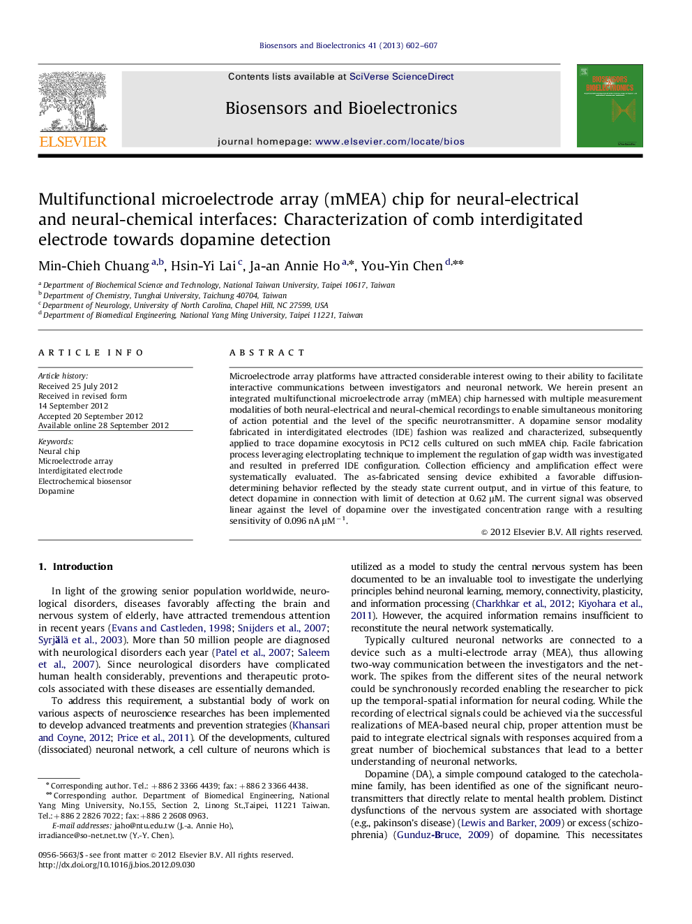 Multifunctional microelectrode array (mMEA) chip for neural-electrical and neural-chemical interfaces: Characterization of comb interdigitated electrode towards dopamine detection