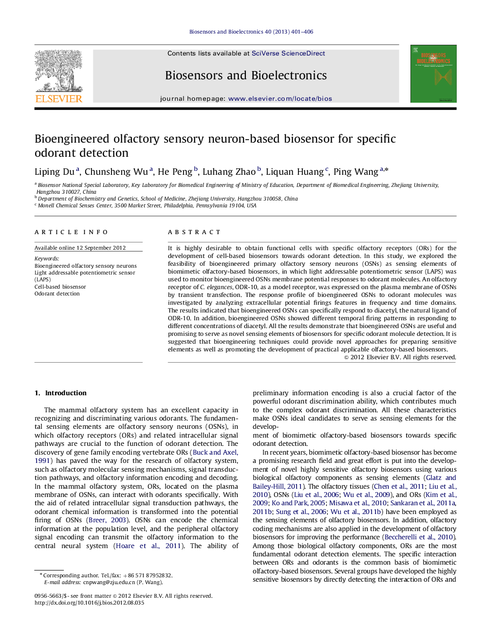 Bioengineered olfactory sensory neuron-based biosensor for specific odorant detection