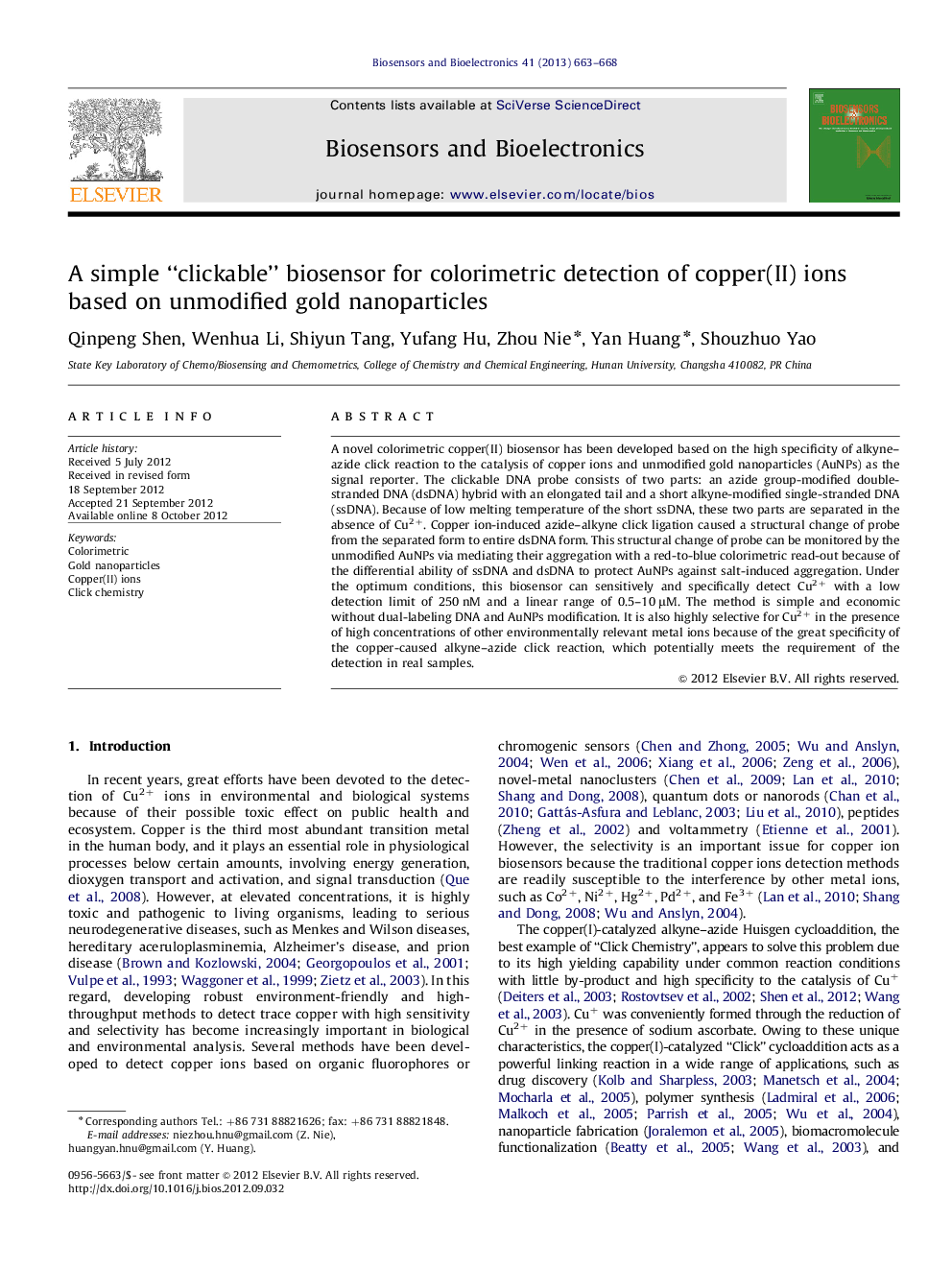 A simple “clickable” biosensor for colorimetric detection of copper(II) ions based on unmodified gold nanoparticles