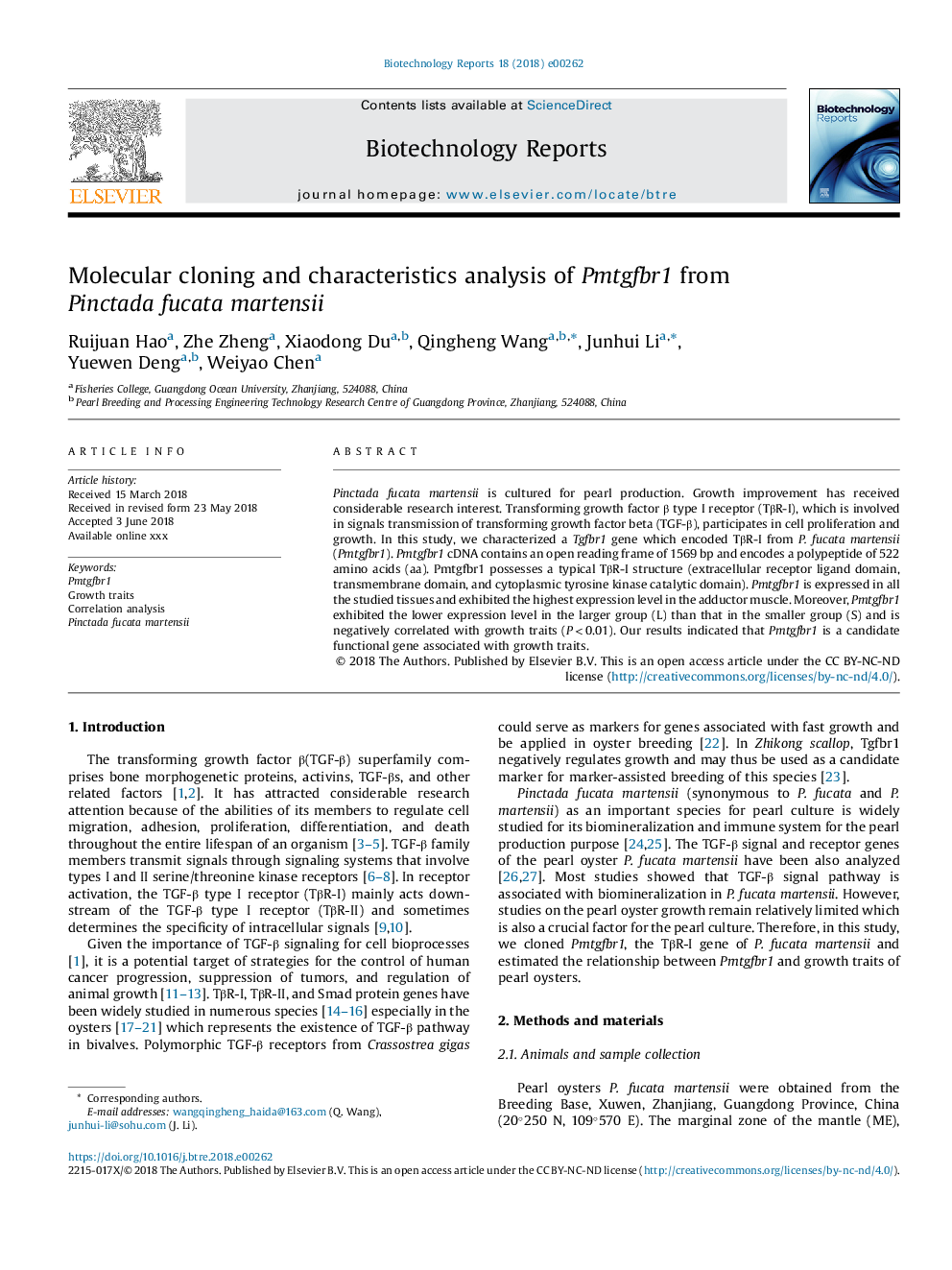 Molecular cloning and characteristics analysis of Pmtgfbr1 from Pinctada fucata martensii