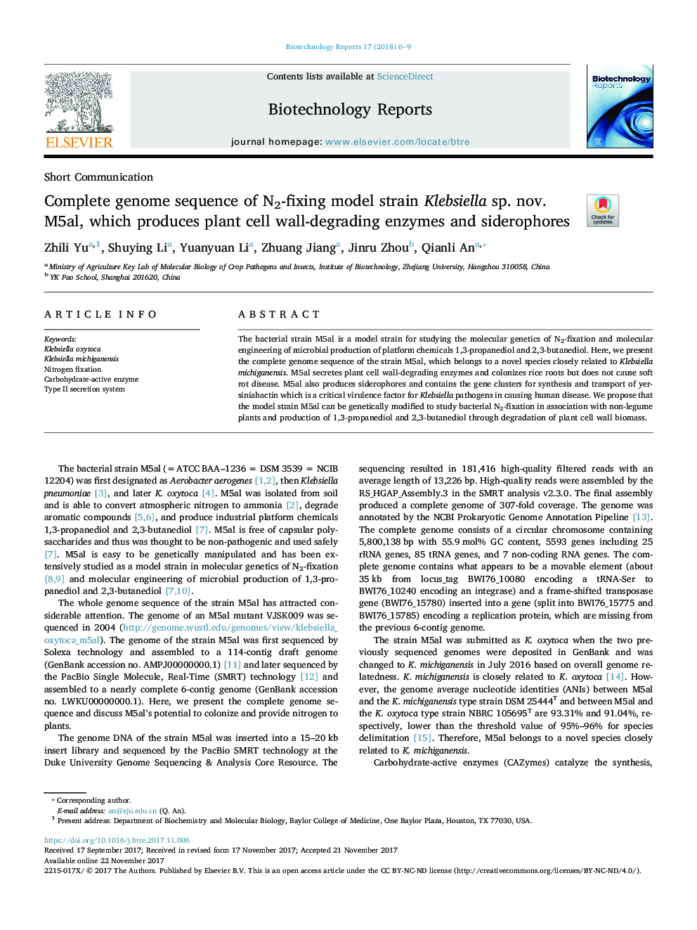 Complete genome sequence of N2-fixing model strain Klebsiella sp. nov. M5al, which produces plant cell wall-degrading enzymes and siderophores