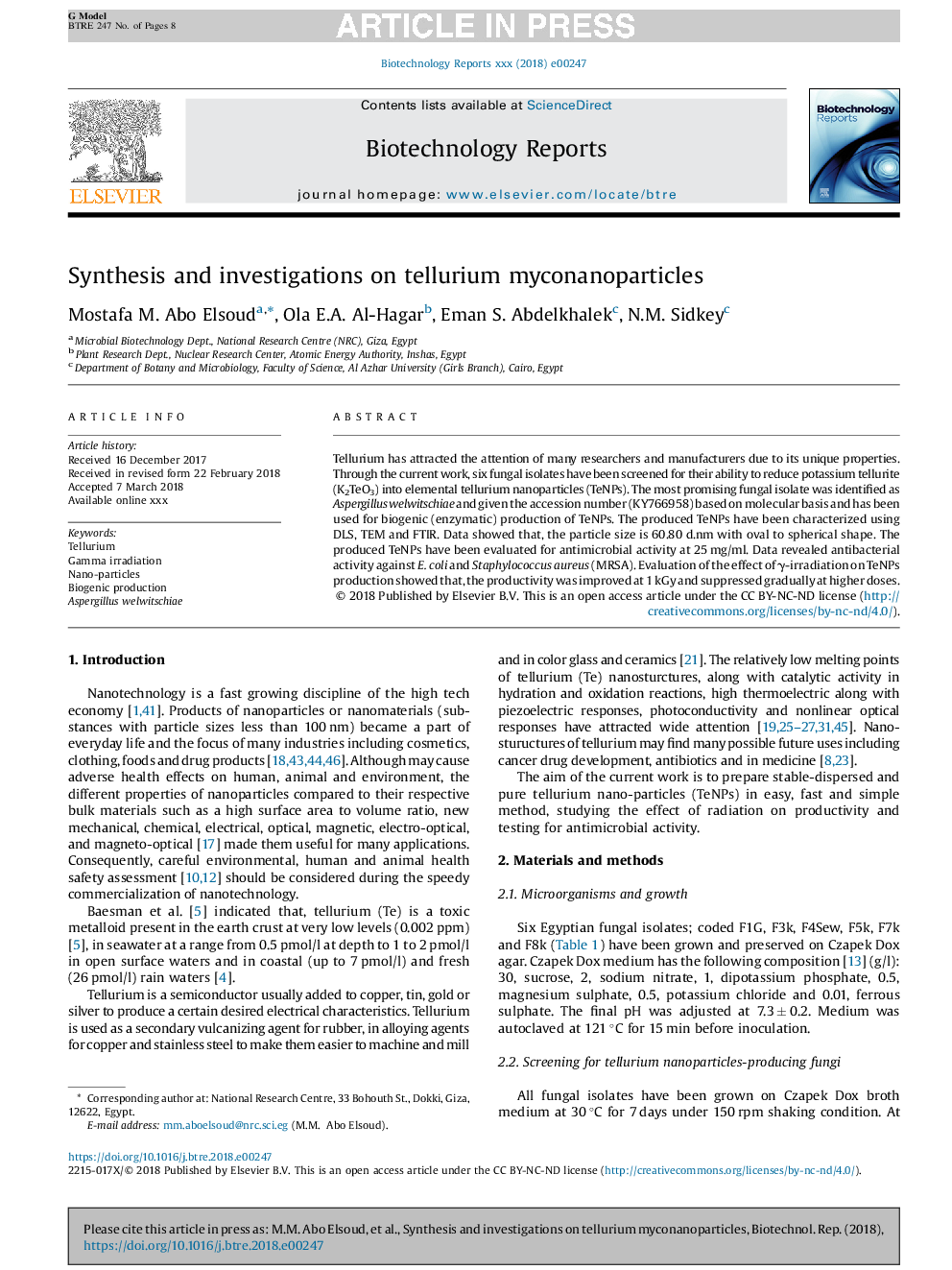 Synthesis and investigations on tellurium myconanoparticles