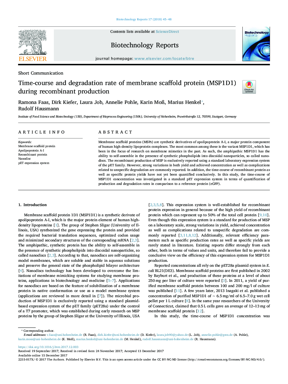 Time-course and degradation rate of membrane scaffold protein (MSP1D1) during recombinant production