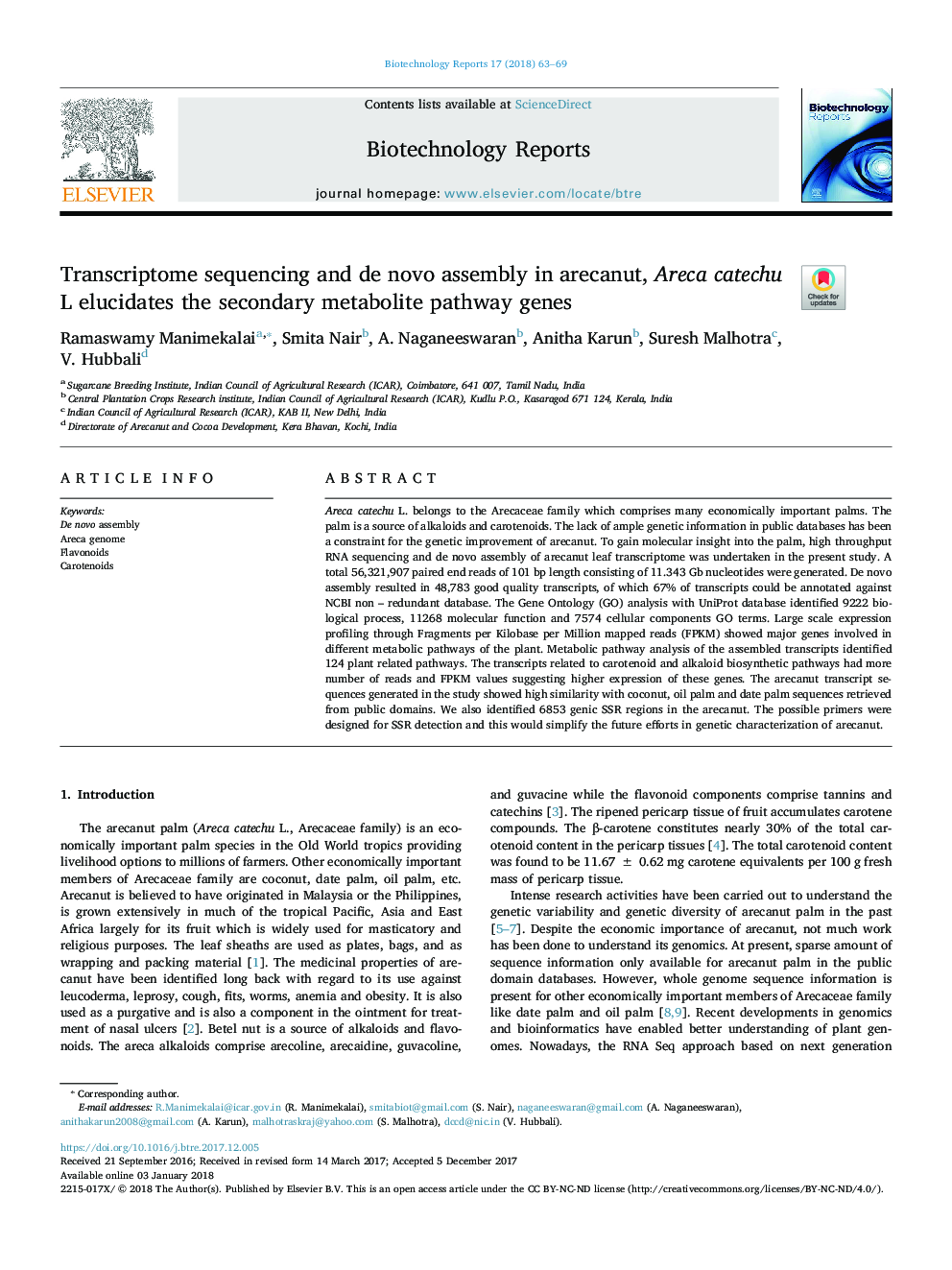 Transcriptome sequencing and de novo assembly in arecanut, Areca catechu L elucidates the secondary metabolite pathway genes