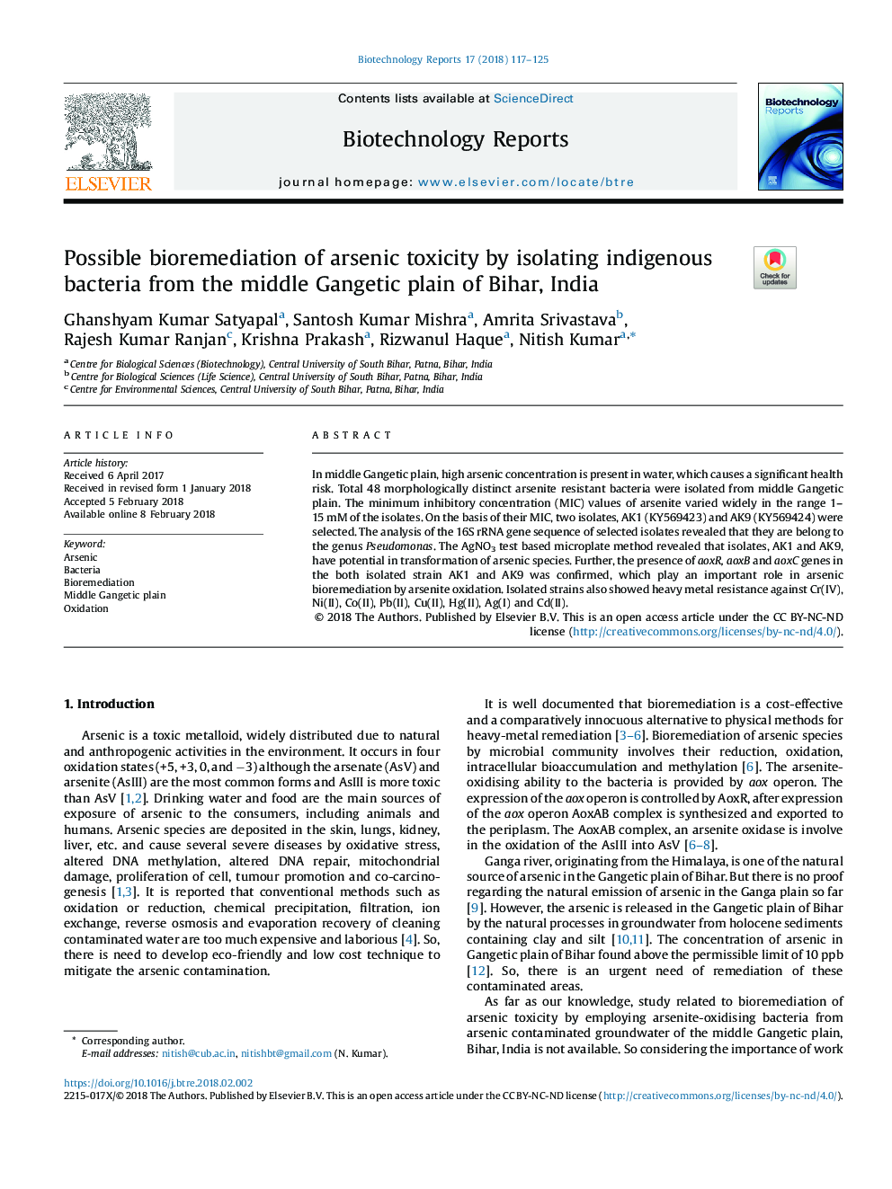 Possible bioremediation of arsenic toxicity by isolating indigenous bacteria from the middle Gangetic plain of Bihar, India