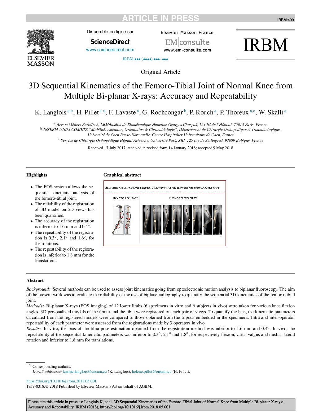 3D Sequential Kinematics of the Femoro-Tibial Joint of Normal Knee from Multiple Bi-planar X-rays: Accuracy and Repeatability