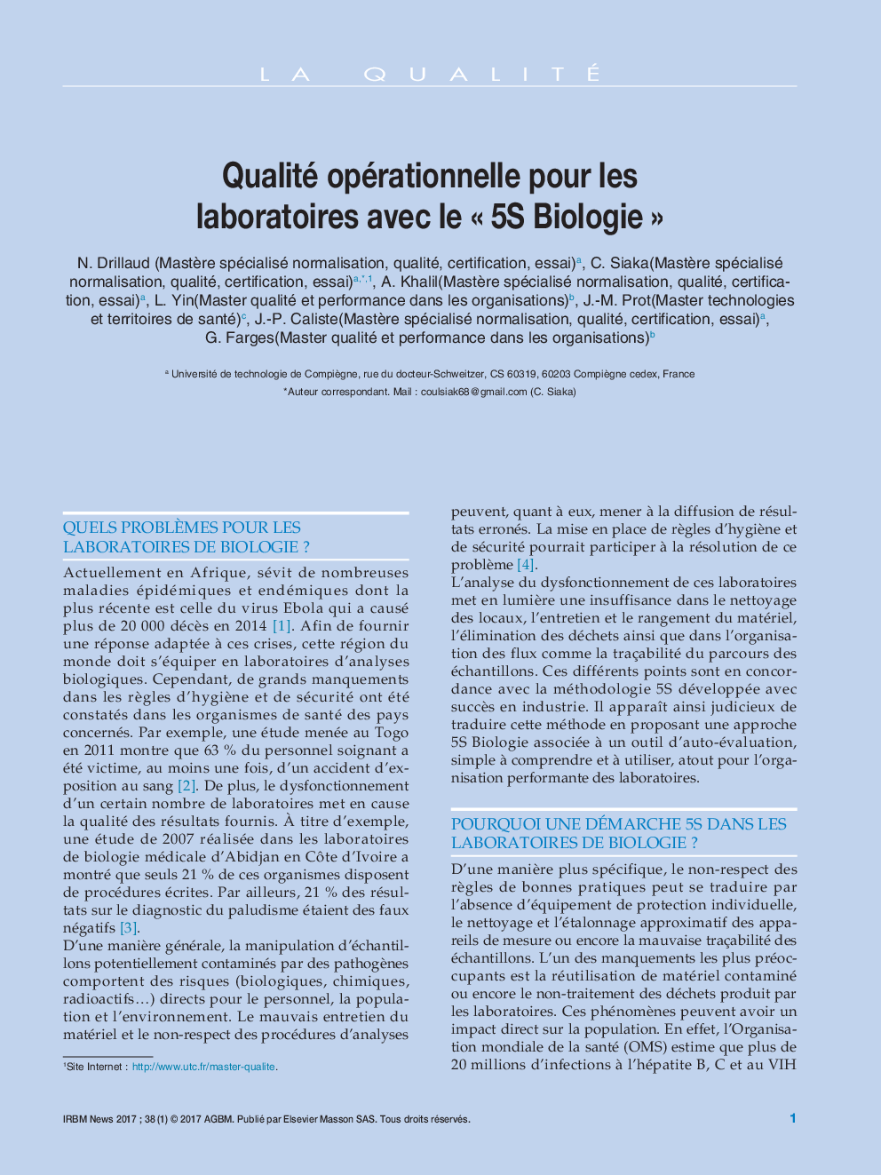 Qualité opérationnelle pour les laboratoires avec le Â«Â 5S BiologieÂ Â»