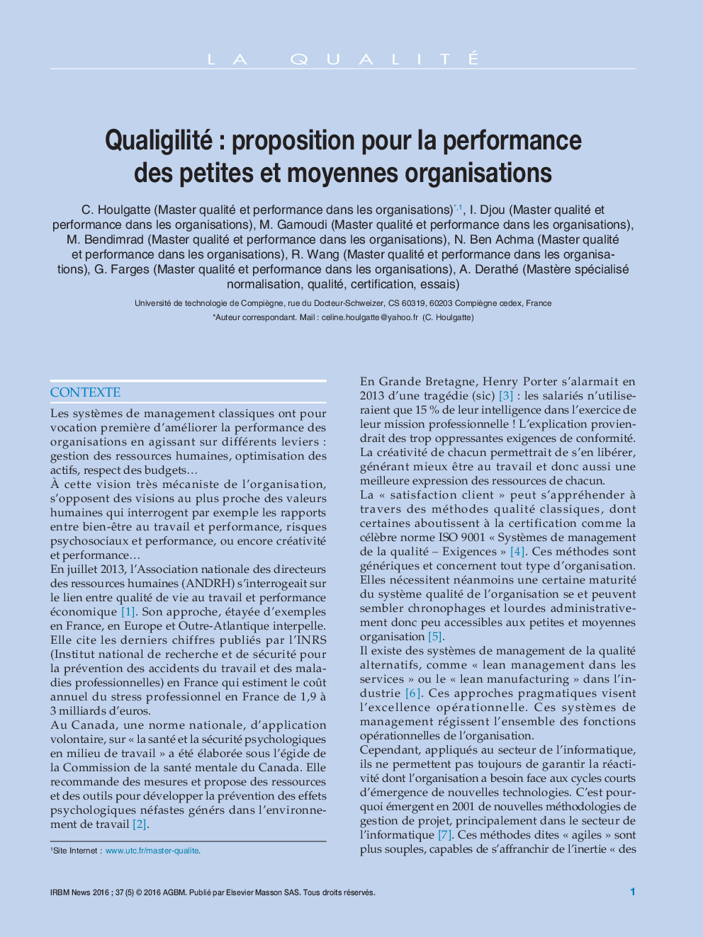 عکس صفحه اول مقاله: Qualigilité : proposition pour la performance des petites et moyennes organisations Qualigilité : proposition pour la performance des petites et moyennes organisations
