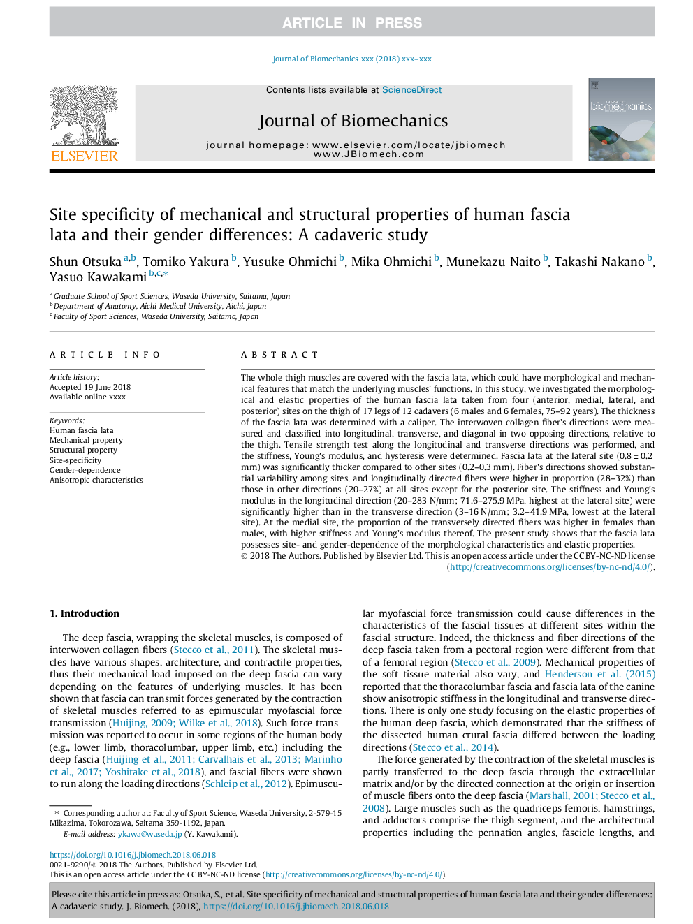 Site specificity of mechanical and structural properties of human fascia lata and their gender differences: A cadaveric study